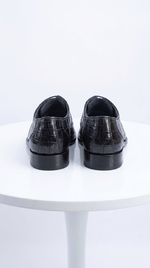 Men’s Original Exotic Caiman Belly Skin Shoes ZV088205, Black Lace-Up Formal Dress Shoes