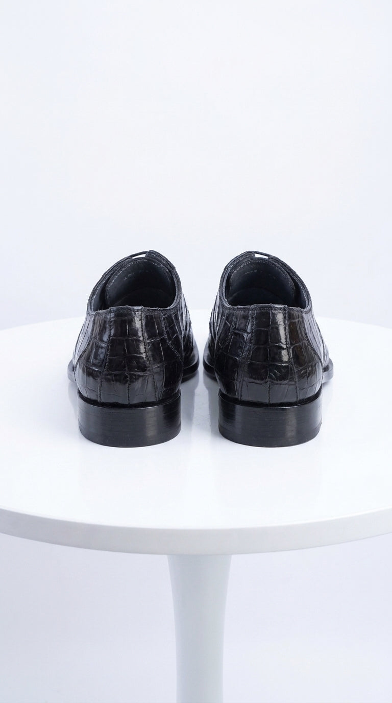 Men’s Original Exotic Caiman Belly Skin Shoes ZV088205, Black Lace-Up Formal Dress Shoes