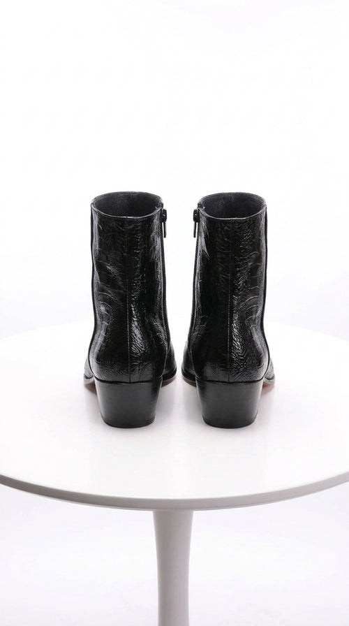 Los Altos Men’s Black Ostrich Ankle Dress Boots, Genuine Exotic Higher Heel Dress Boots