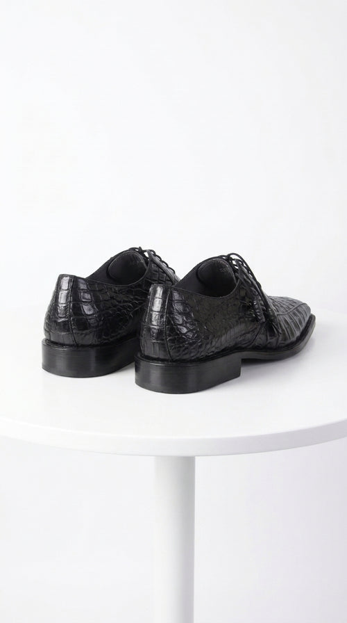 Men’s Original Exotic Caiman Belly Skin Shoes ZV038205, Black Lace-Up Formal Dress Shoes