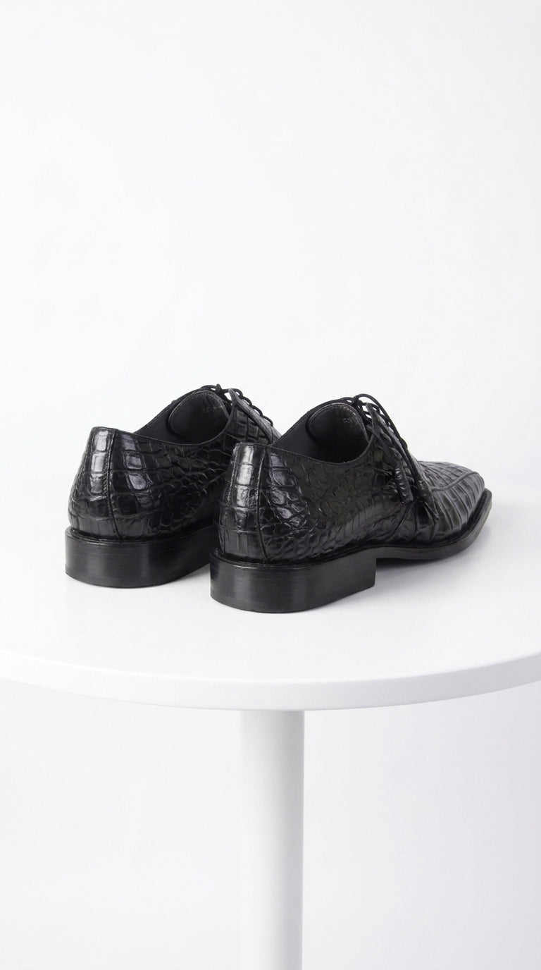 Men’s Original Exotic Caiman Belly Skin Shoes ZV038205, Black Lace-Up Formal Dress Shoes