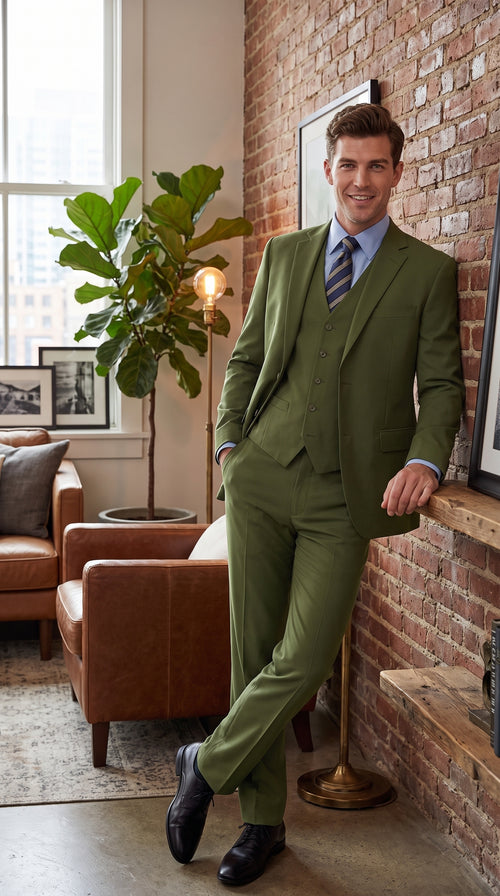 Men’s Olive Classic Fit 3 Piece Suit, Flat Front Vested Formal Wedding Business Suit