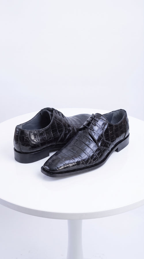 Men’s Original Exotic Caiman Belly Skin Shoes ZV088205, Black Lace-Up Formal Dress Shoes