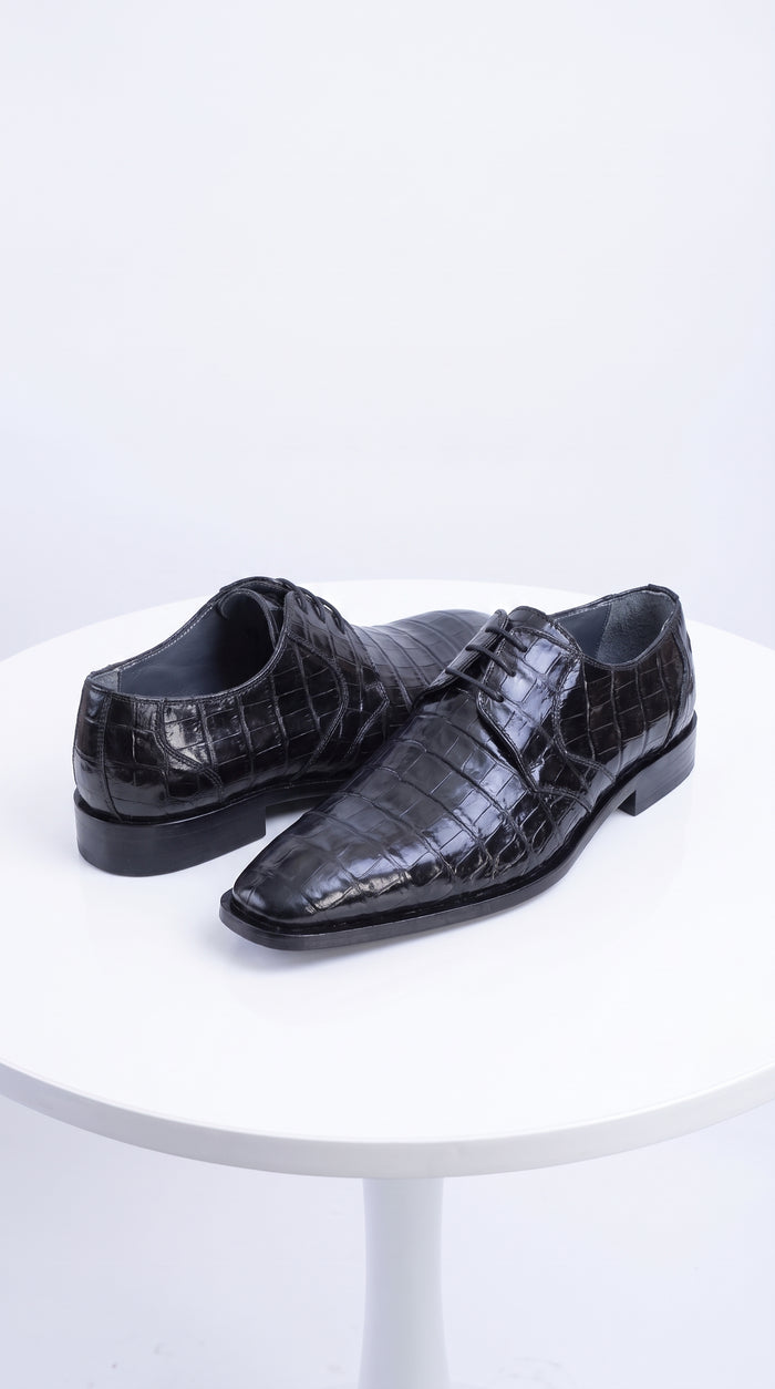 Men’s Original Exotic Caiman Belly Skin Shoes ZV088205, Black Lace-Up Formal Dress Shoes
