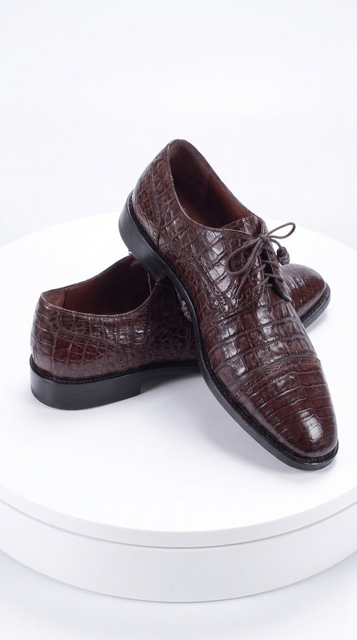 Men’s Original Exotic Caiman Belly Skin Shoes ZV098207, Brown Lace-Up Formal Dress Shoes