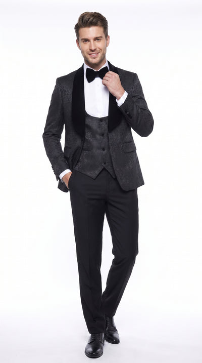 Rossi Man RM1446 Men’s Black 3 Piece Smoking Style Tuxedo Suit, Formal Wedding Prom Dinner Suit