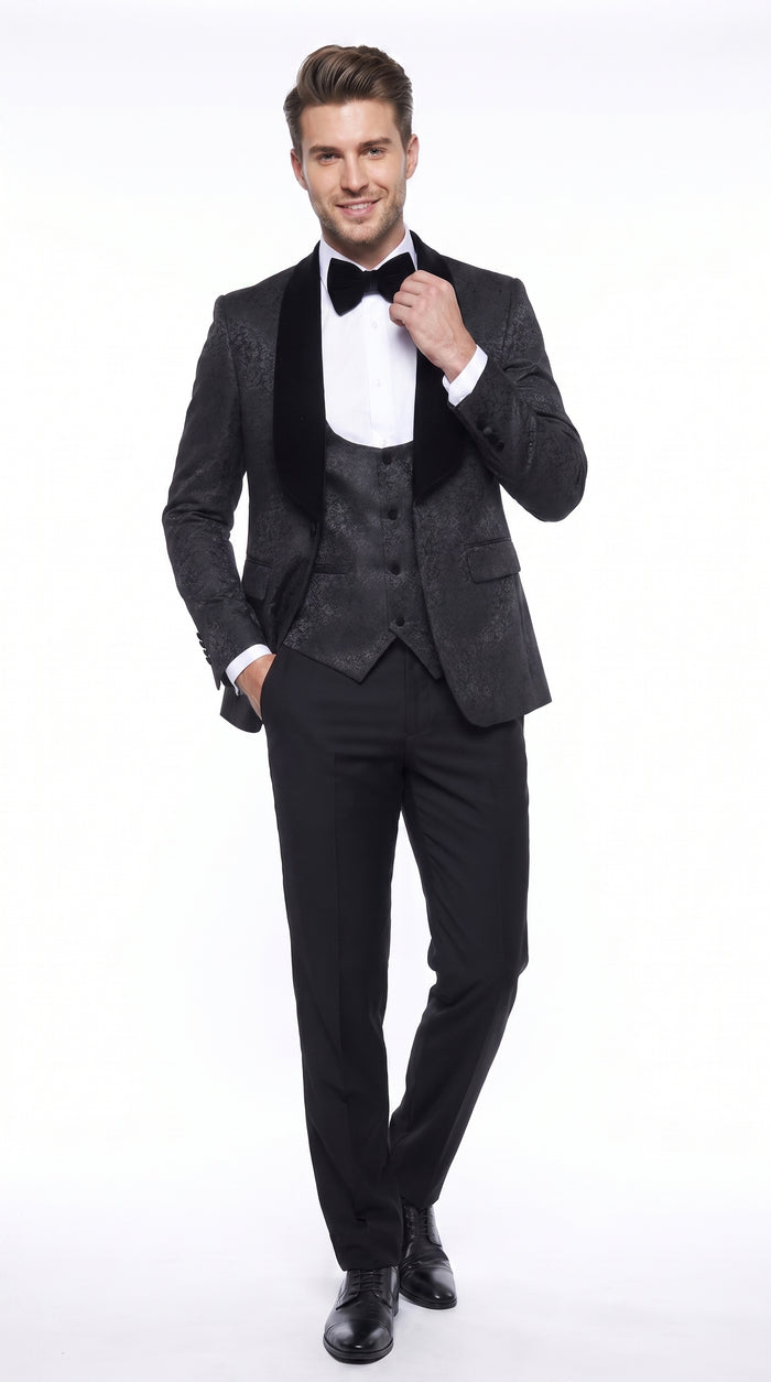 Rossi Man RM1446 Men’s Black 3 Piece Smoking Style Tuxedo Suit, Formal Wedding Prom Dinner Suit