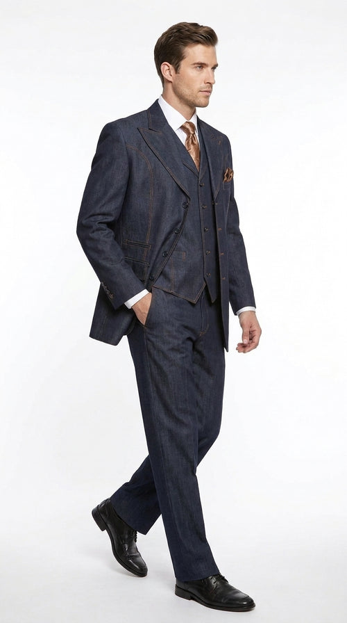 Men’s Navy Blue Denim 3 Piece Suit, Vested 4 Button Wide Peak Lapel Dress Suit