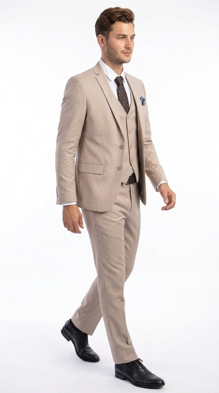 Men’s Medium Tan 3 Piece Suit, Slim Fit Two Button Vested Formal Wedding Business Suit