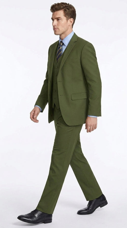 Men’s Olive Classic Fit 3 Piece Suit, Flat Front Vested Formal Wedding Business Suit