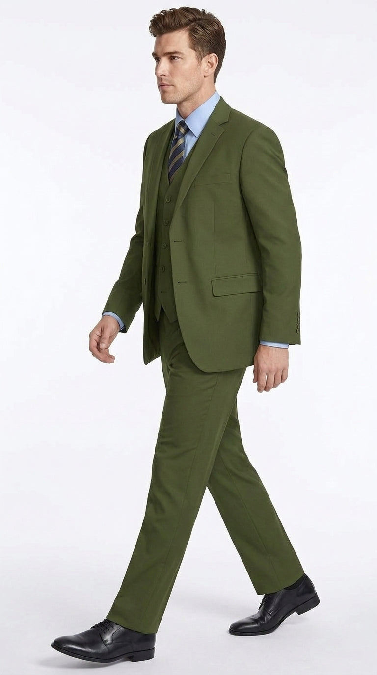 Men’s Olive Classic Fit 3 Piece Suit, Flat Front Vested Formal Wedding Business Suit