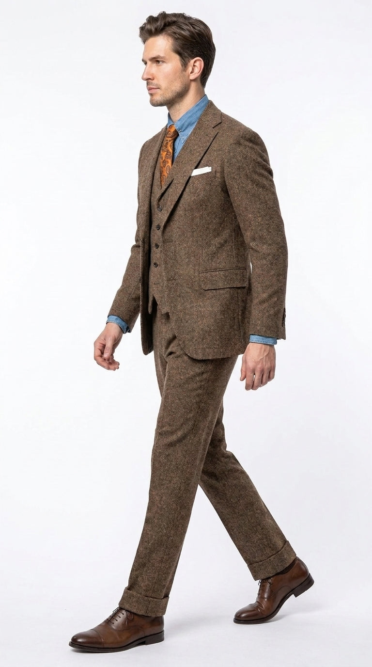 Men’s Brown Great Gatsby Costume Suit, 1920s Vintage Vested Suit Package with Shirt and Tie