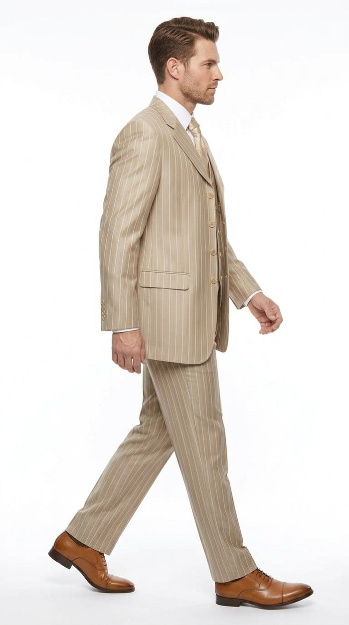Men’s Champagne Gold Zoot Suit, 1920s Harlem Gangster Tan Stripe Fortino 2911V Vested Suit