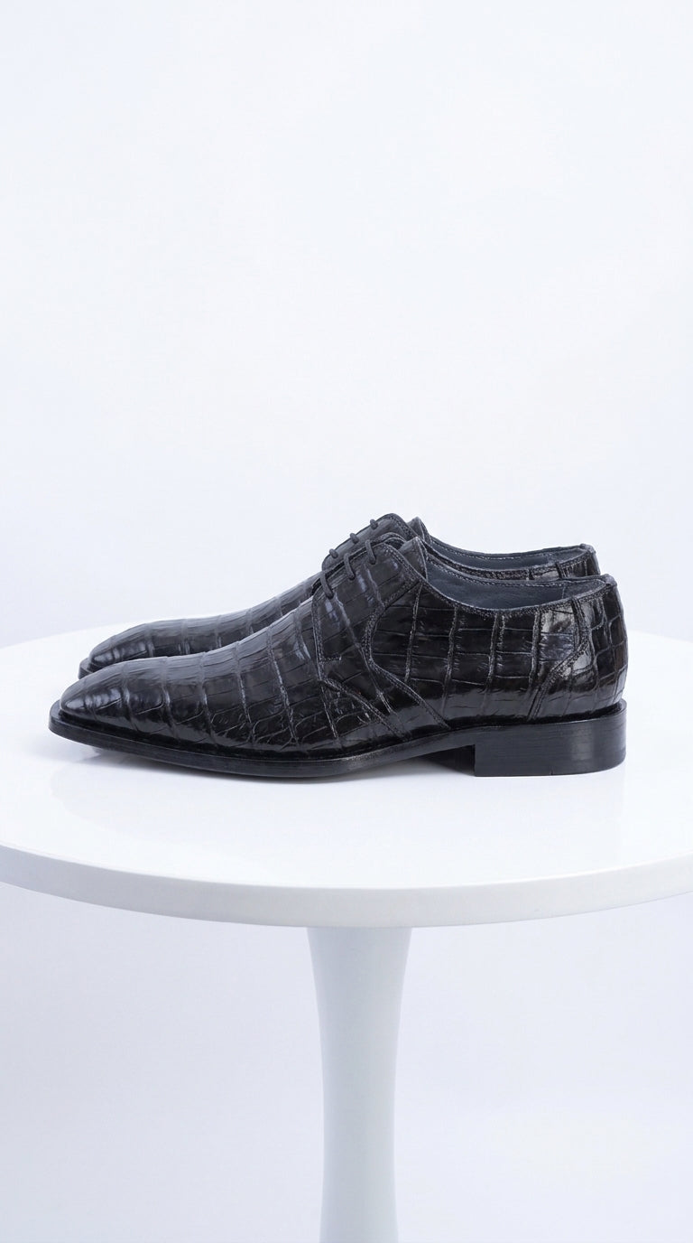 Men’s Original Exotic Caiman Belly Skin Shoes ZV088205, Black Lace-Up Formal Dress Shoes