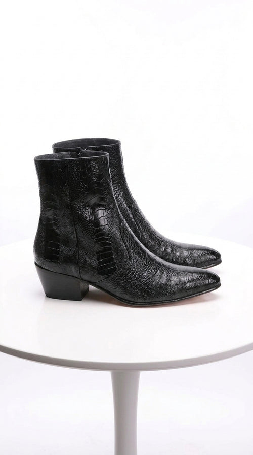 Los Altos Men’s Black Ostrich Ankle Dress Boots, Genuine Exotic Higher Heel Dress Boots