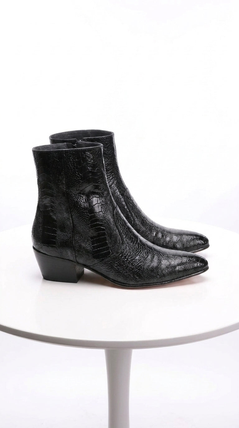 Los Altos Men’s Black Ostrich Ankle Dress Boots, Genuine Exotic Higher Heel Dress Boots