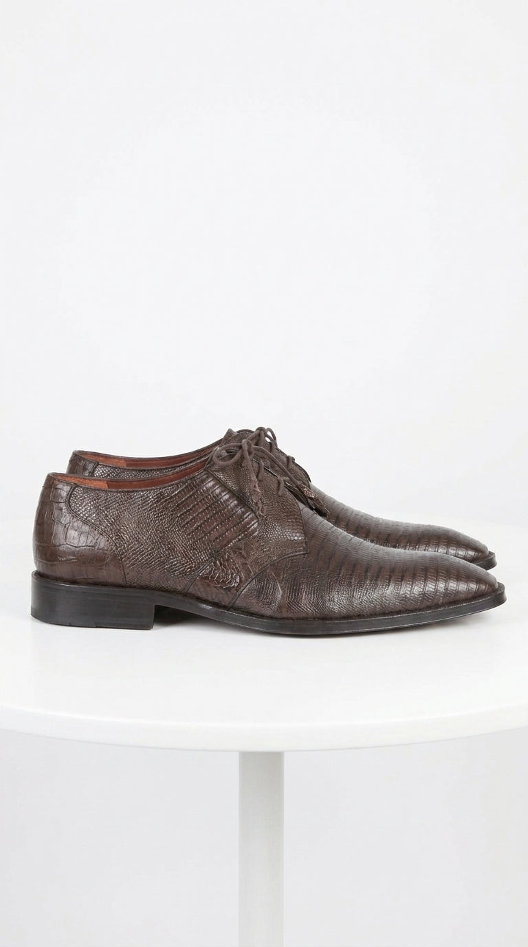 Men’s Original Exotic Teju Lizard Skin Shoes ZV080707, Brown Lace-Up Formal Dress Shoes