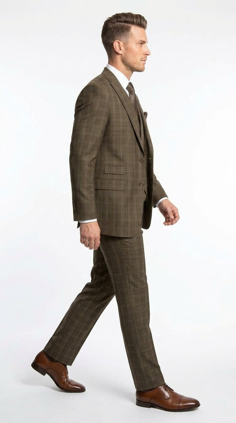 Men’s Brown Windowpane Plaid 3 Piece Suit, Double Breasted Vest Formal Wedding Business Suit