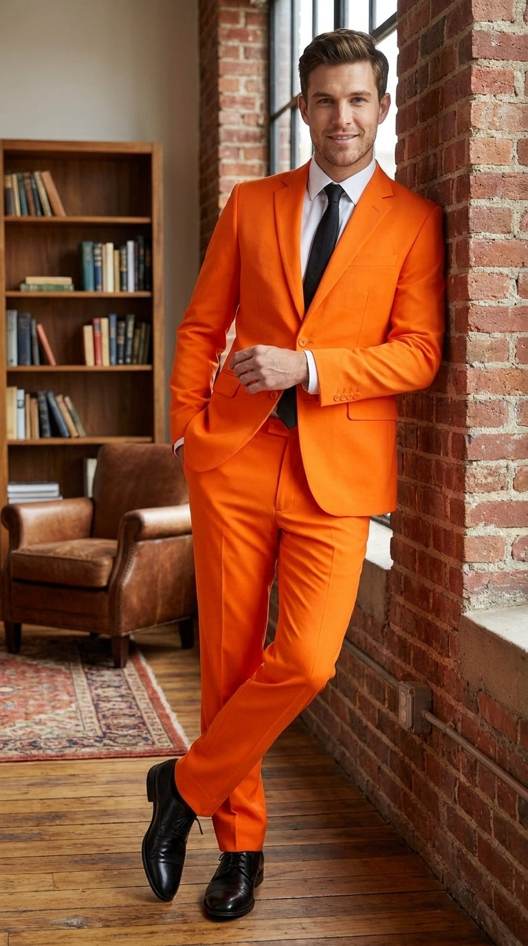 Men’s Orange Tuxedo Suit with Pants, Bright Orange Formal Prom Wedding Suit