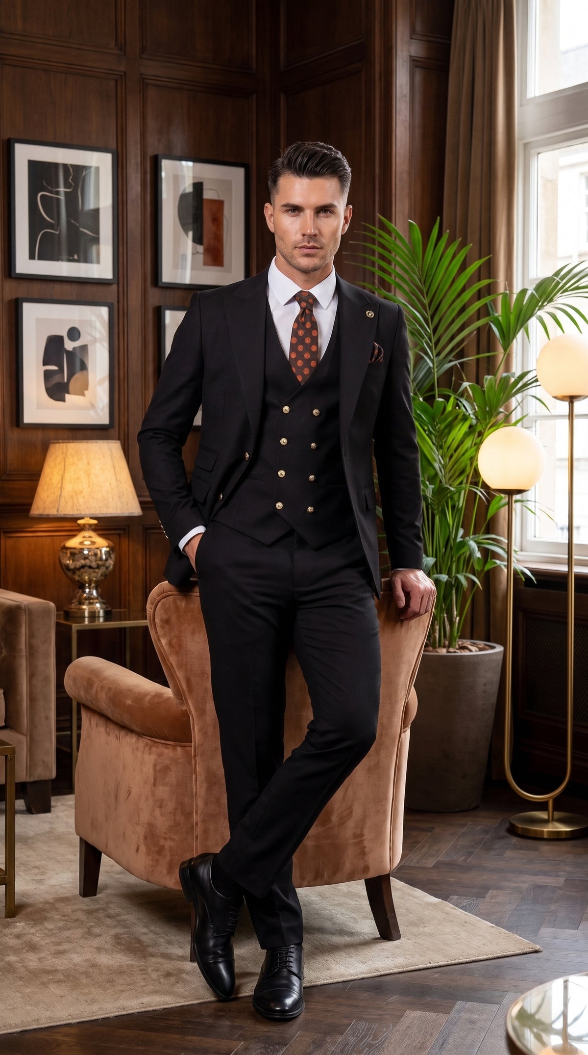 Men’s Black Double Breasted Vested Suit, 1920s 1980s Style Peak Lapel Wool Feel Designer Suit with Gold Buttons