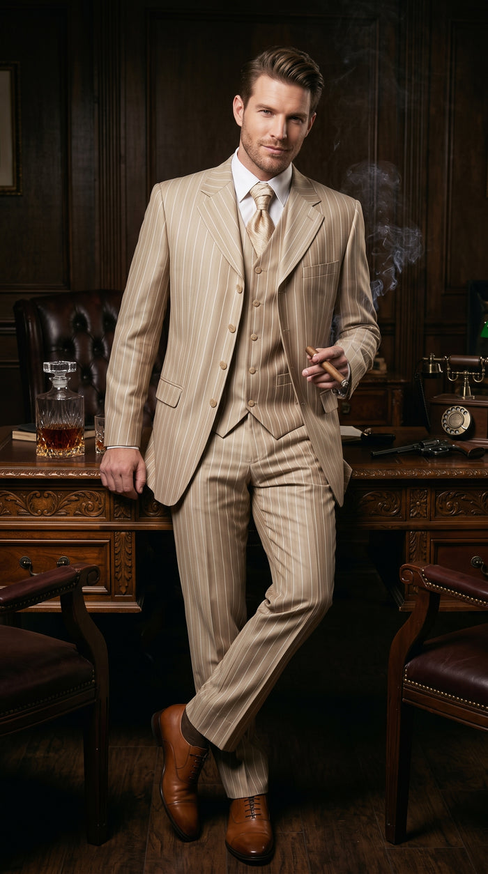 Men’s Champagne Gold Zoot Suit, 1920s Harlem Gangster Tan Stripe Fortino 2911V Vested Suit
