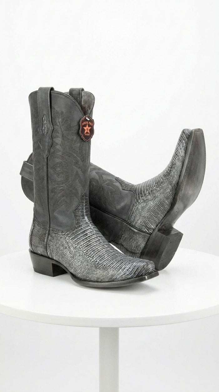 Men's Los Altos Boots 7 Toe Genuine Teju Lizard Sanded Black Leather Boots Handcrafted
