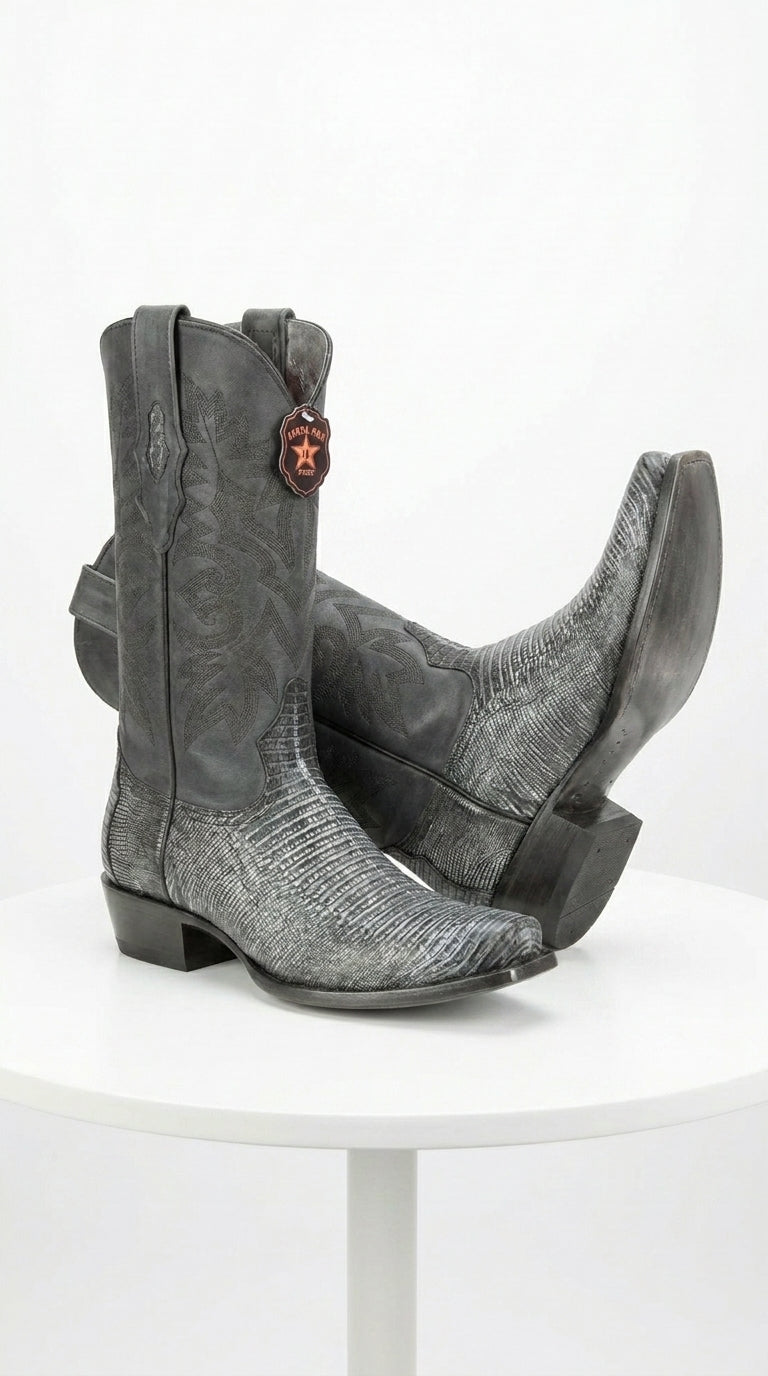 Men's Los Altos Boots 7 Toe Genuine Teju Lizard Sanded Black Leather Boots Handcrafted