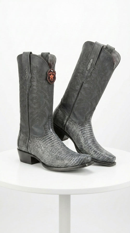 Men's Los Altos Boots 7 Toe Genuine Teju Lizard Sanded Black Leather Boots Handcrafted