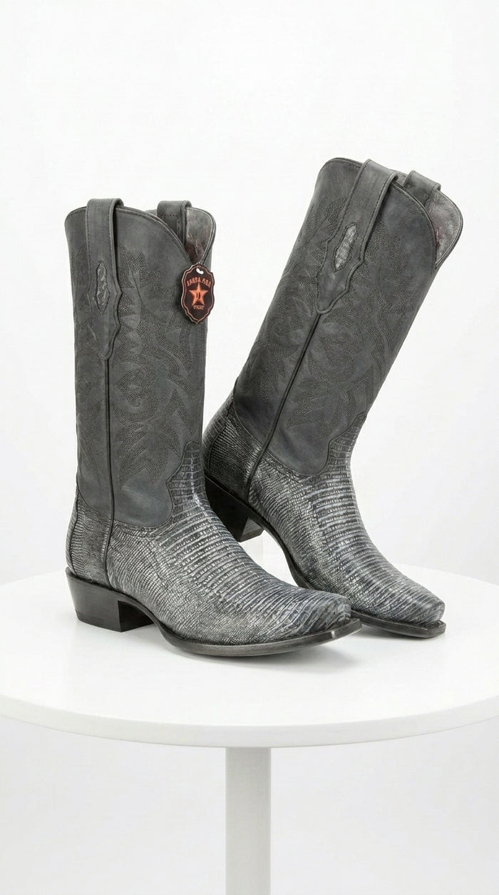 Men's Los Altos Boots 7 Toe Genuine Teju Lizard Sanded Black Leather Boots Handcrafted