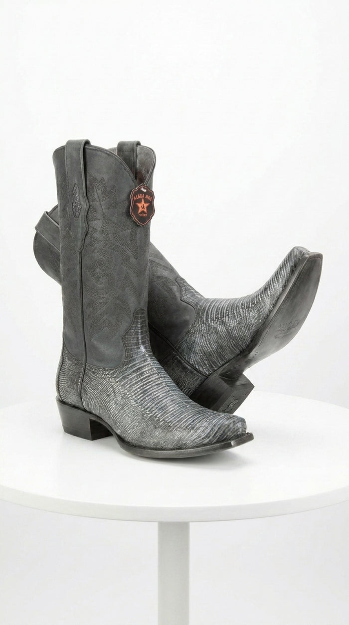 Men's Los Altos Boots 7 Toe Genuine Teju Lizard Sanded Black Leather Boots Handcrafted