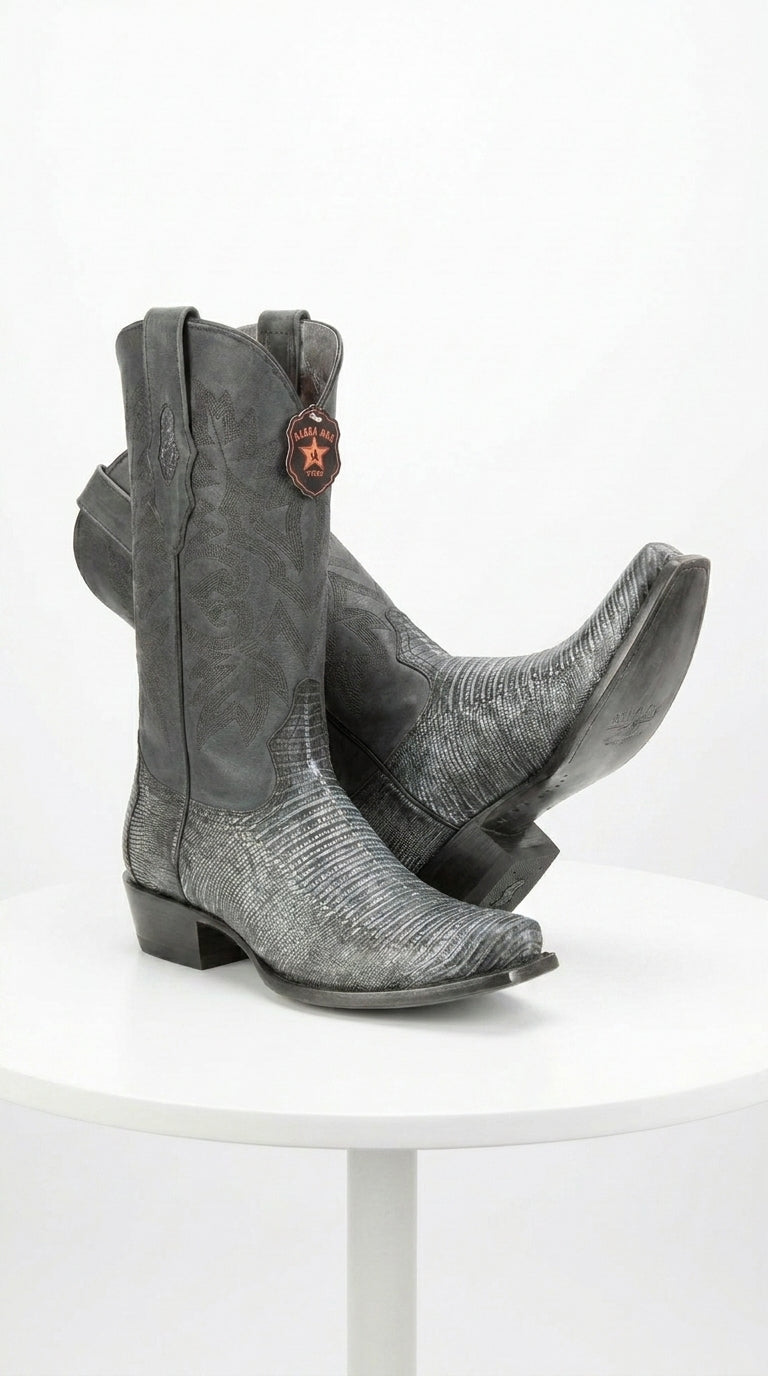 Men's Los Altos Boots 7 Toe Genuine Teju Lizard Sanded Black Leather Boots Handcrafted