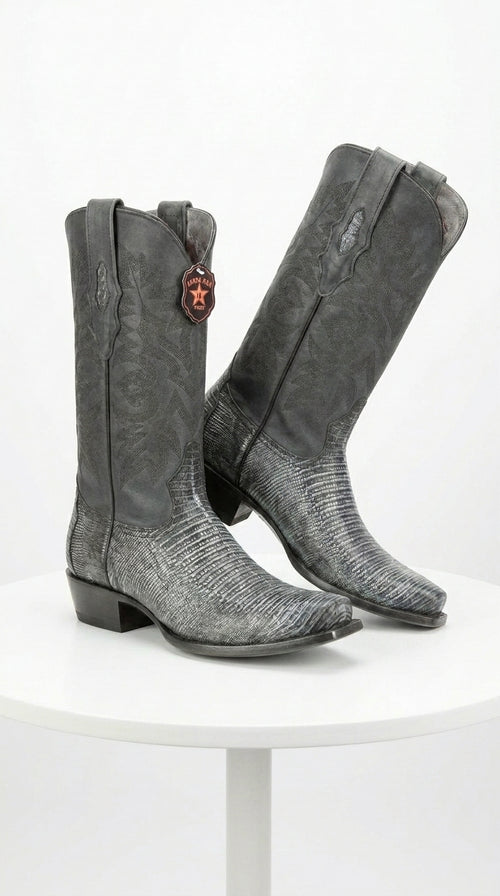 Men's Los Altos Boots 7 Toe Genuine Teju Lizard Sanded Black Leather Boots Handcrafted