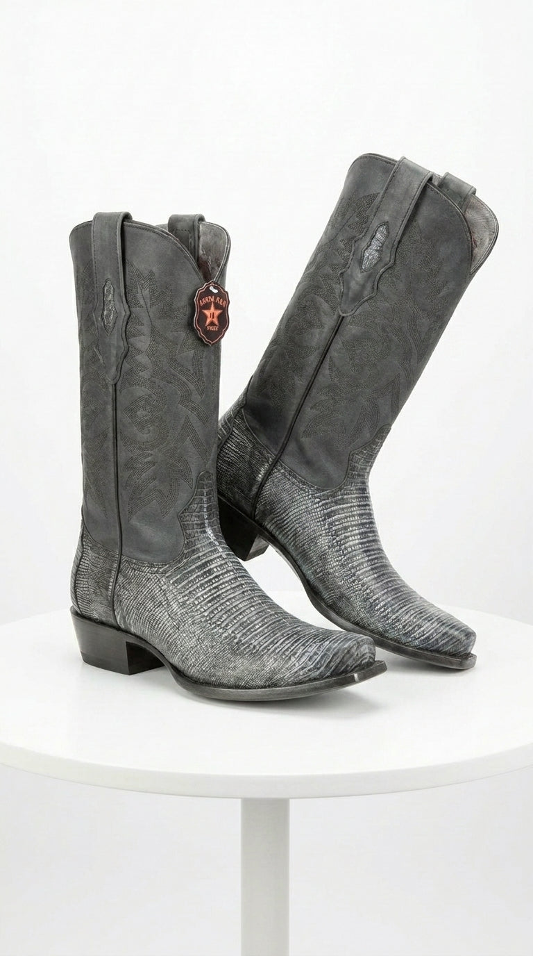 Men's Los Altos Boots 7 Toe Genuine Teju Lizard Sanded Black Leather Boots Handcrafted