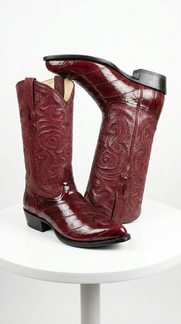 Men’s Burgundy Eel Cowboy Boots with J Toe, Exotic Leather Western Dress Boots