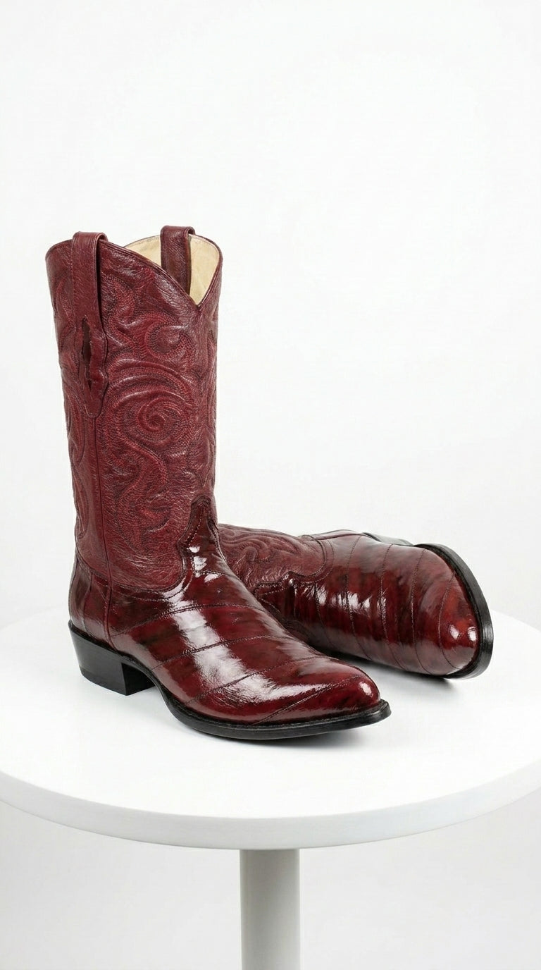 Men’s Burgundy Eel Cowboy Boots with J Toe, Exotic Leather Western Dress Boots