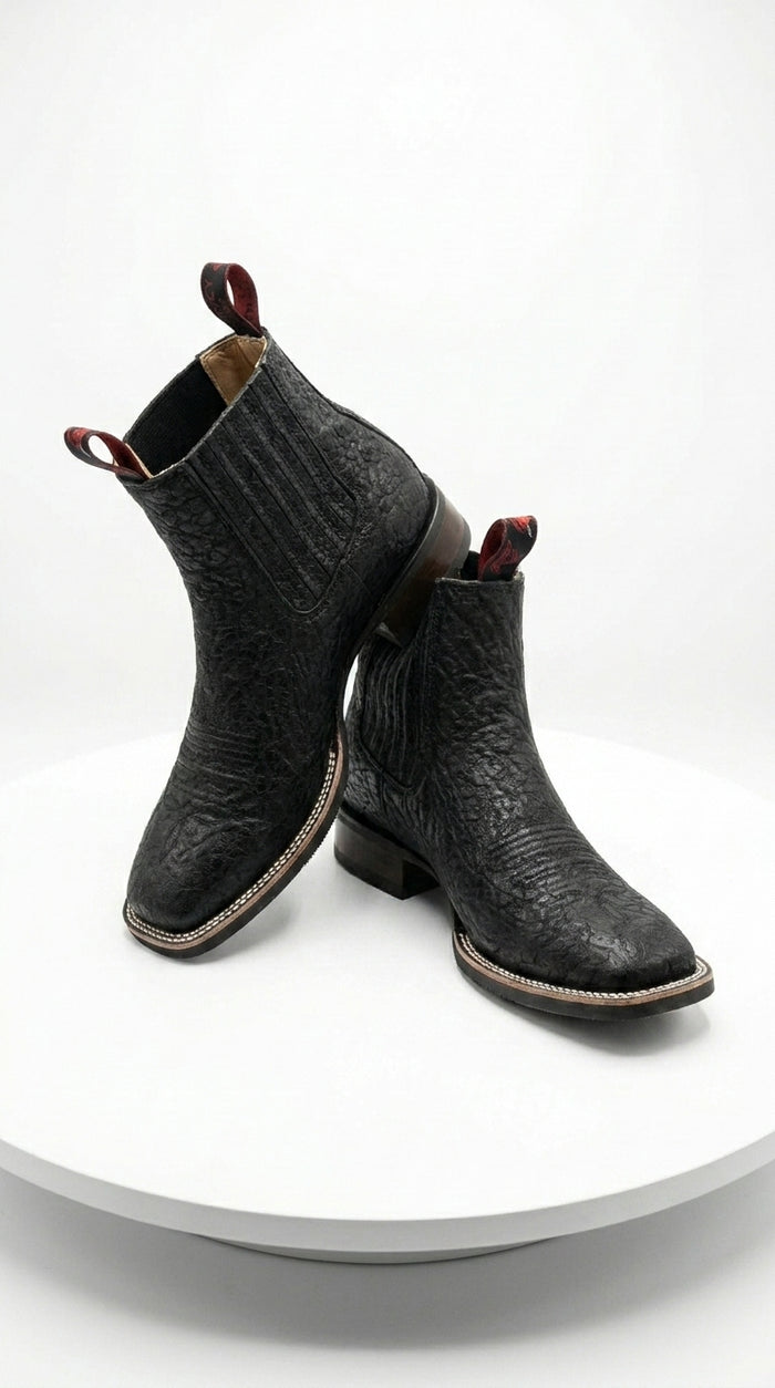Men’s Bull Shoulder Short Cowboy Boots in Black and Brown, Western Ankle Boots with Square Toe