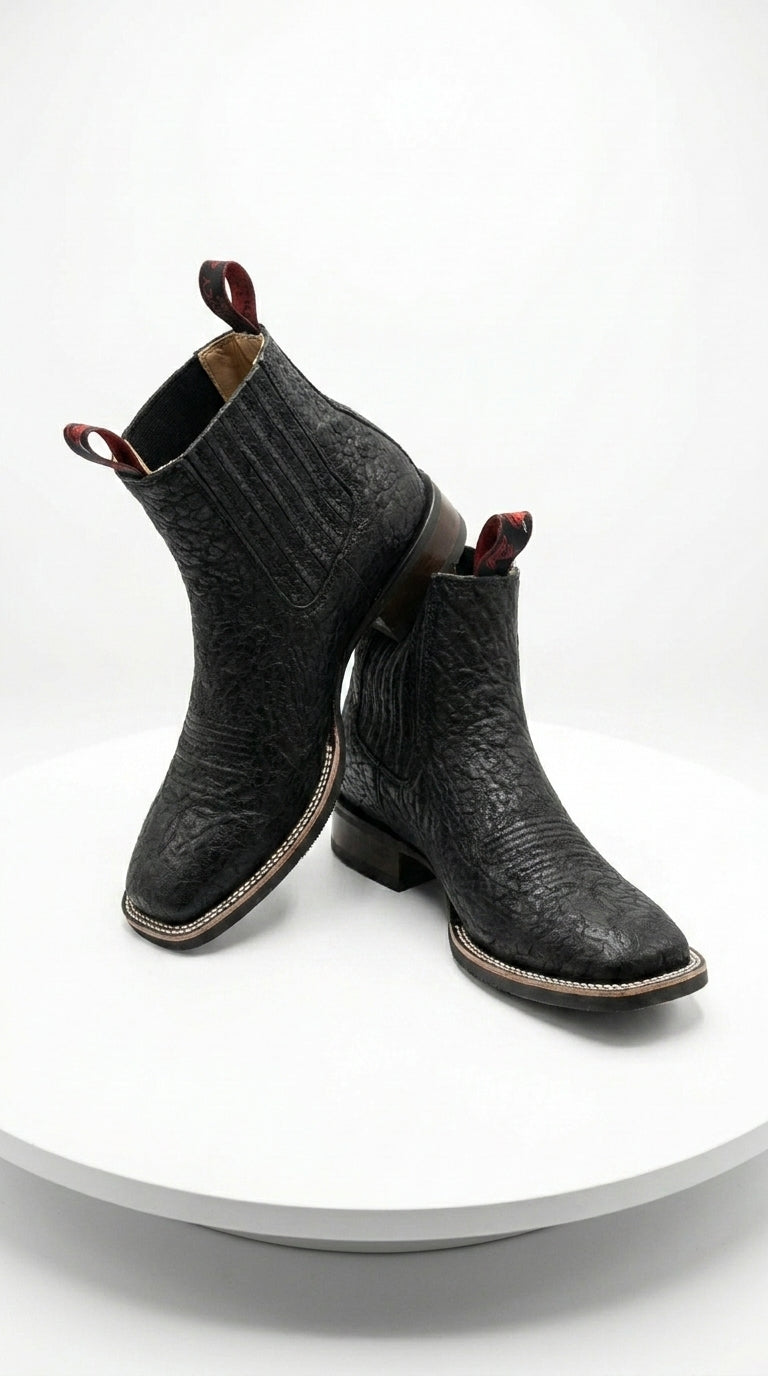 Men’s Bull Shoulder Short Cowboy Boots in Black and Brown, Western Ankle Boots with Square Toe