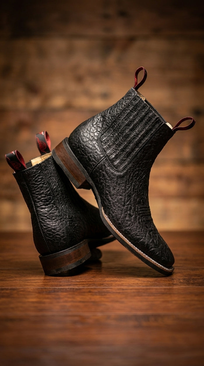 Men’s Bull Shoulder Short Cowboy Boots in Black and Brown, Western Ankle Boots with Square Toe