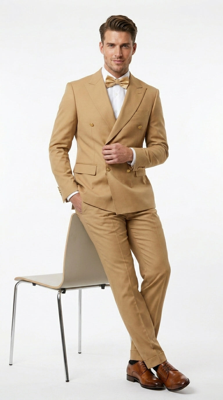 Rossiman Men’s Mustard Yellow Double Breasted Suit, Designer Fashion Dress Suit for Weddings, Prom, Parties, and Special Occasions - 38 Short Jacket+32 Waist Adjustable 28to34)(Height: 5 4 to5 7 )(Neck  15-16.5)S-M)