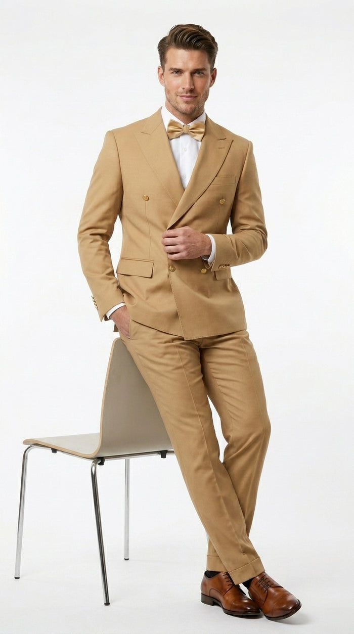 Rossiman Men’s Mustard Yellow Double Breasted Suit, Designer Fashion Dress Suit for Weddings, Prom, Parties, and Special Occasions