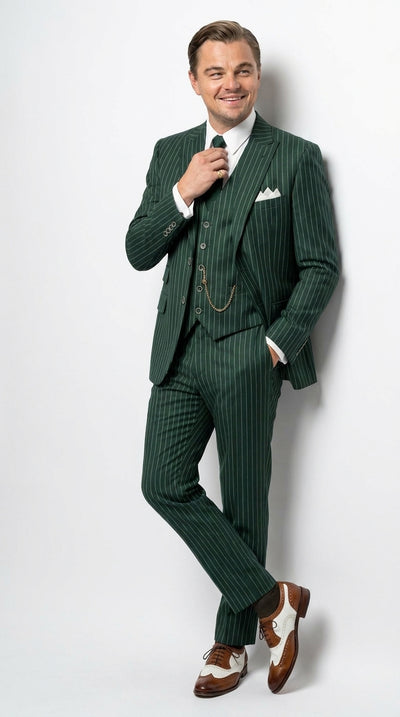 Men’s Hunter Green Pinstripe 1920s Gangster 3 Piece Suit, Great Gatsby Formal Outfit for Weddings, Prom, Parties, and Theme Events