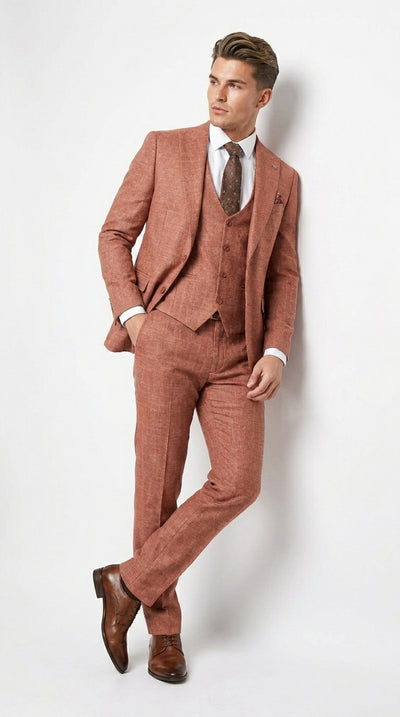 Stacy Adams Men’s Brown Textured Windowpane 3 Piece Hybrid Fit Suit, Black and Orange Check Formal Dress Suit for Weddings, Prom, Business Events, and Parties