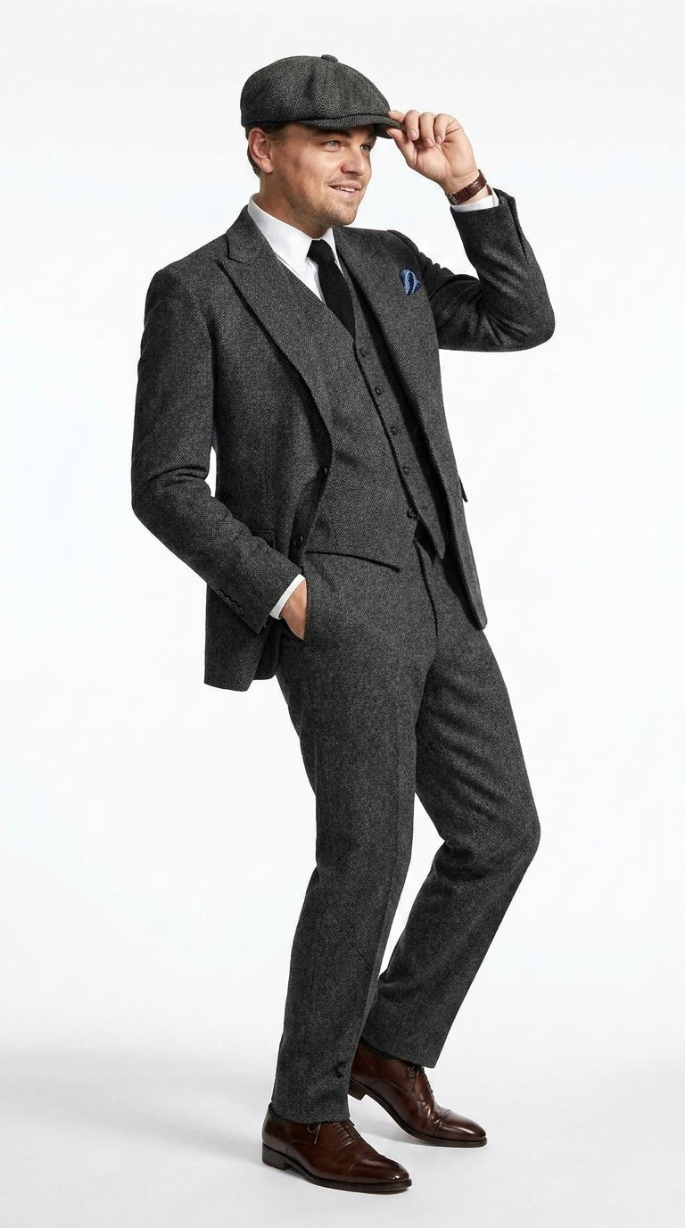 Men’s Charcoal 1920s Gangster 3 Piece Suit, Great Gatsby Formal Outfit for Weddings, Prom, Parties, and Theme Events