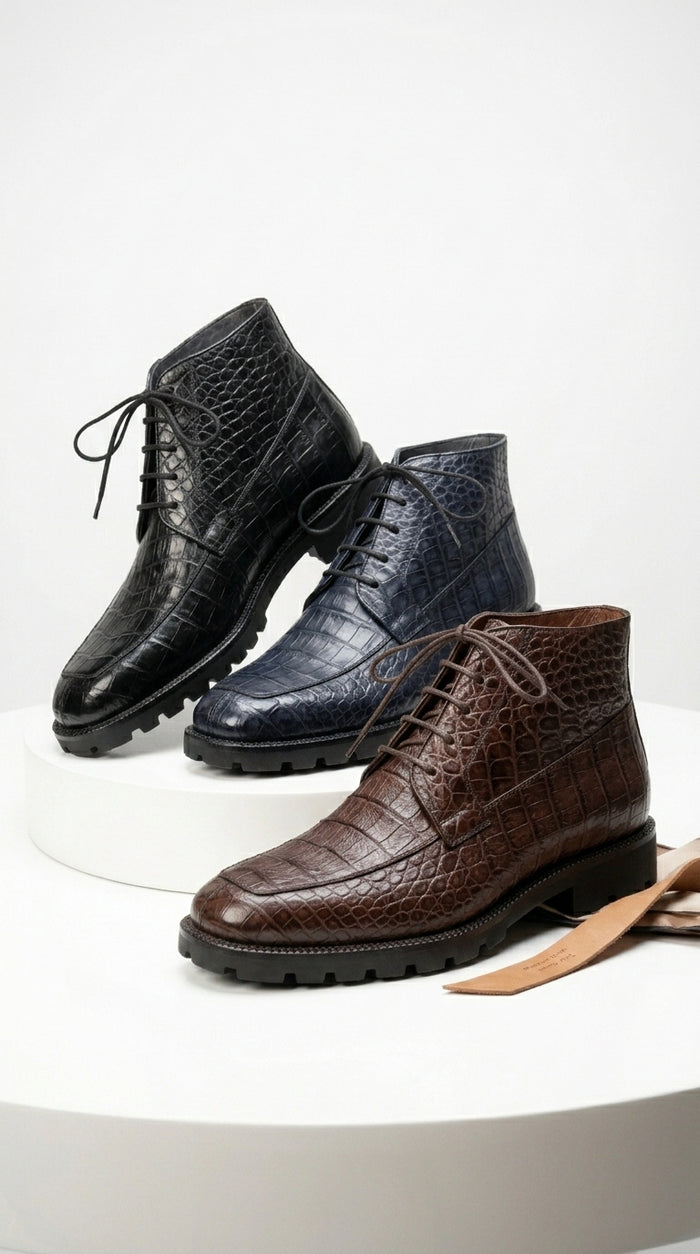 Los Altos Men’s All-Over Crocodile Lace Up Ankle Boot, Dress Boot in Black, Brown and Navy Blue