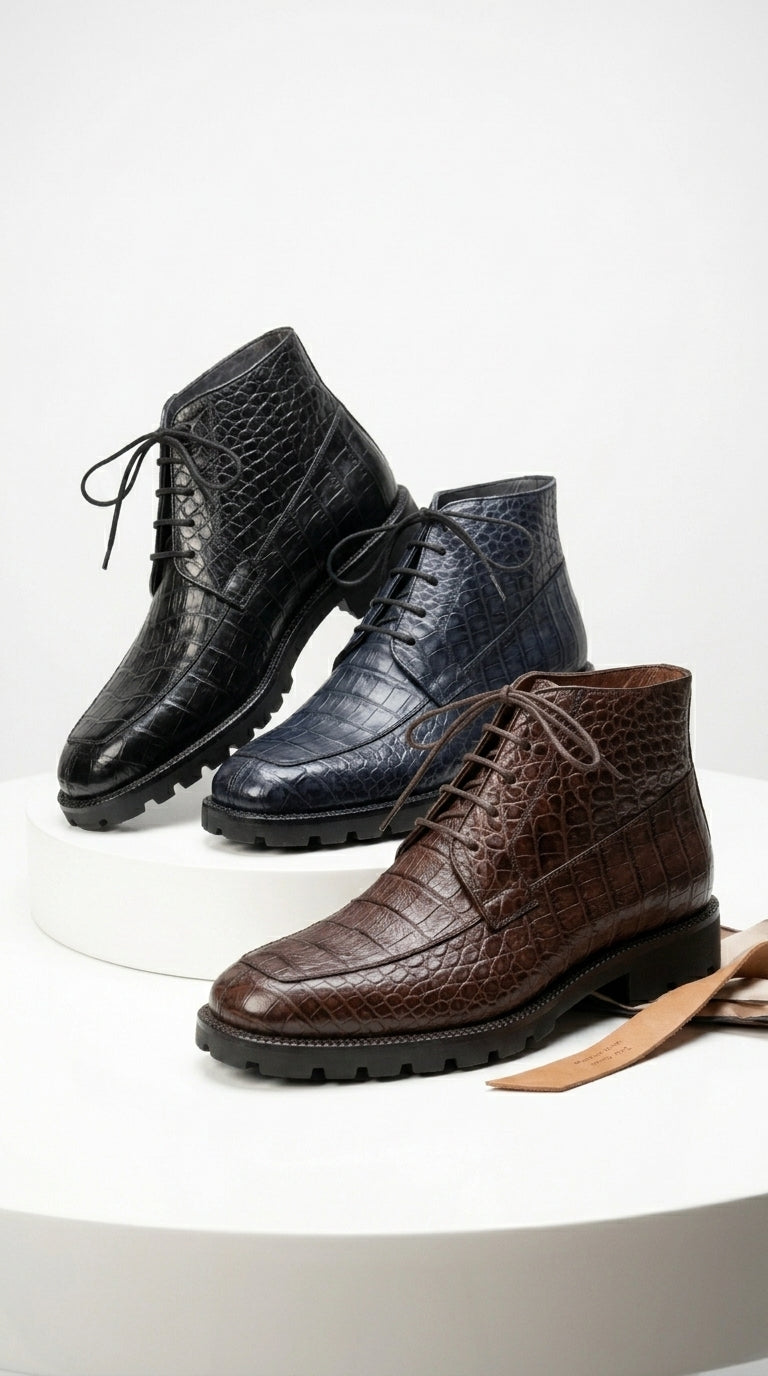 Los Altos Men’s All-Over Crocodile Lace Up Ankle Boot, Dress Boot in Black, Brown and Navy Blue