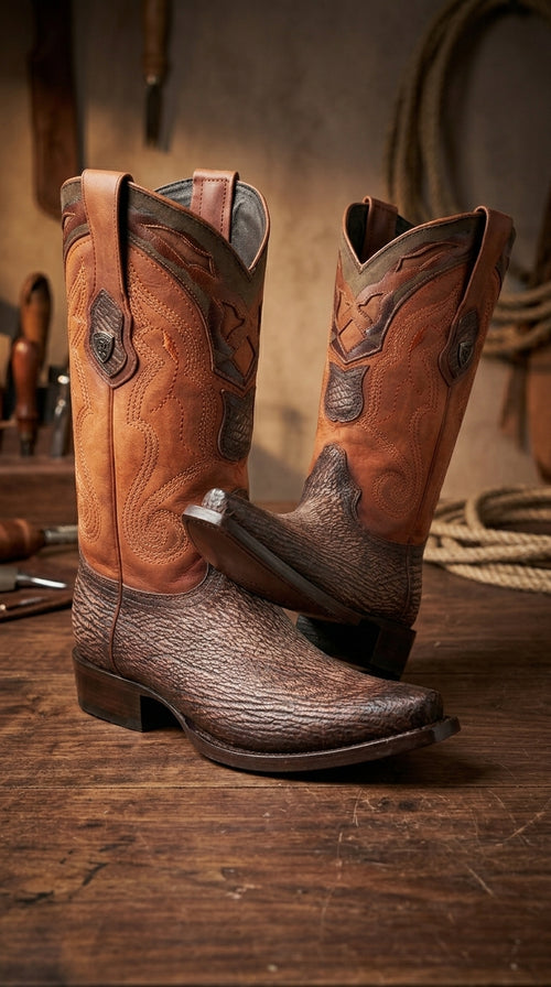 Men’s Shark Skin Cowboy Boots, Western Exotic Boots in Brown, Sand and Cognac