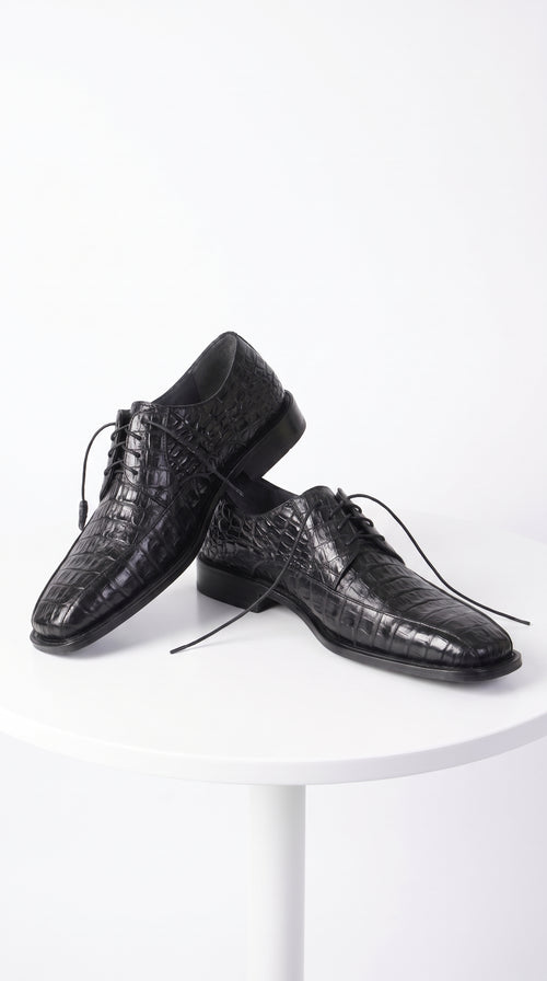 Men’s Original Exotic Caiman Belly Skin Shoes ZV038205, Black Lace-Up Formal Dress Shoes