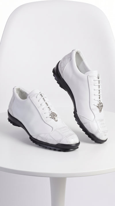 Men’s White Ostrich Leg Leather Sneaker LAB-ZC091928, Exotic Lace-Up Casual Dress Shoes