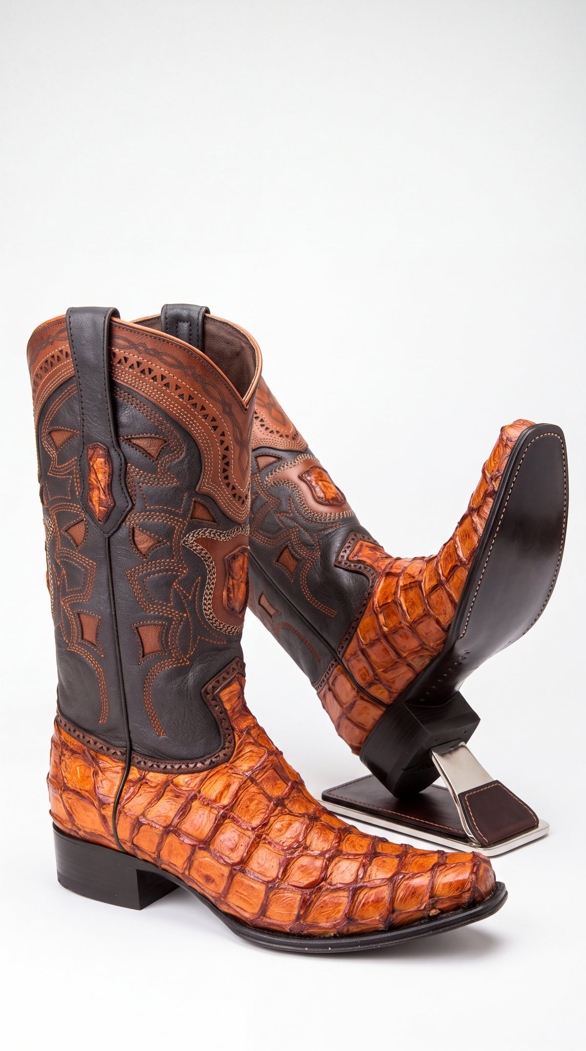 Los Altos Men’s Cognac Pirarucu Exotic Cowboy Boots – European Square Toe Western Boots