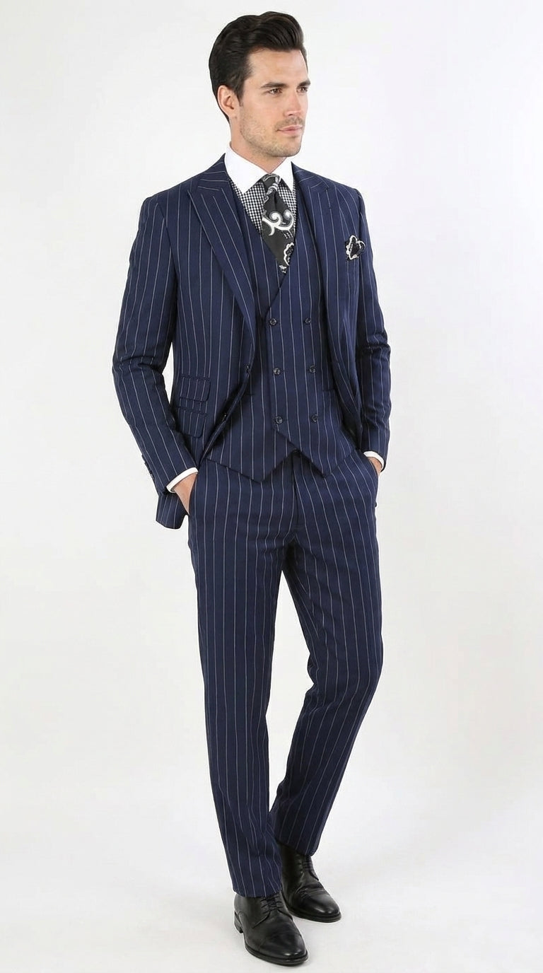 Royal Diamond Men’s Black Pinstripe 3-Piece Suit – Classic Wedding, Business and Formal Suit with Vest - 38 Short Jacket+32 Waist Adjustable 28to34)(Height: 5 4 to5 7 )(Neck  15-16.5)S-M)